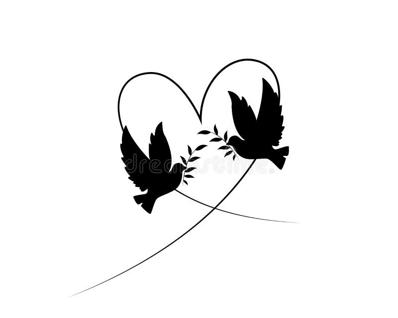 Two doves silhouettes, vector. Flying doves in shape of a heart, illustration. Flying birds and holding branch isolated