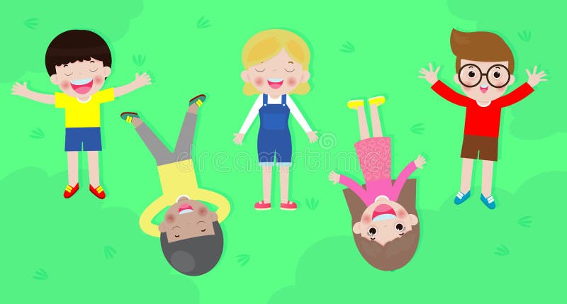 Group children lying on green grass in park and relaxing. boys and girls sleep on meadow nature. kids at the landscape vacation. stock illustration