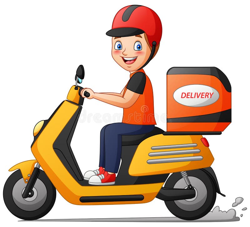 Scooter with Delivery Man Cartoon Character Isolated White Background
