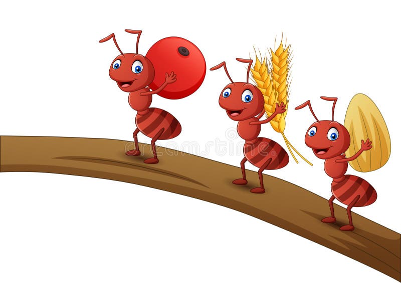 Ant Cartoon Carrying Fruit, Oats, and Seeds on Tree Trunk Stock Vector -  Illustration of drawing, adorable: 182562458