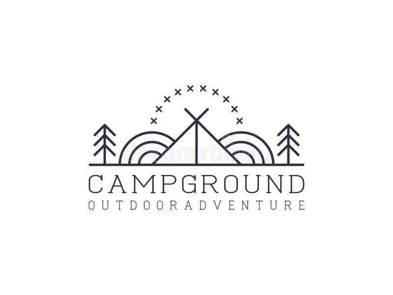 Minimalist line art camp, campground, mountain outdoor logo, adventure mountain logo concept