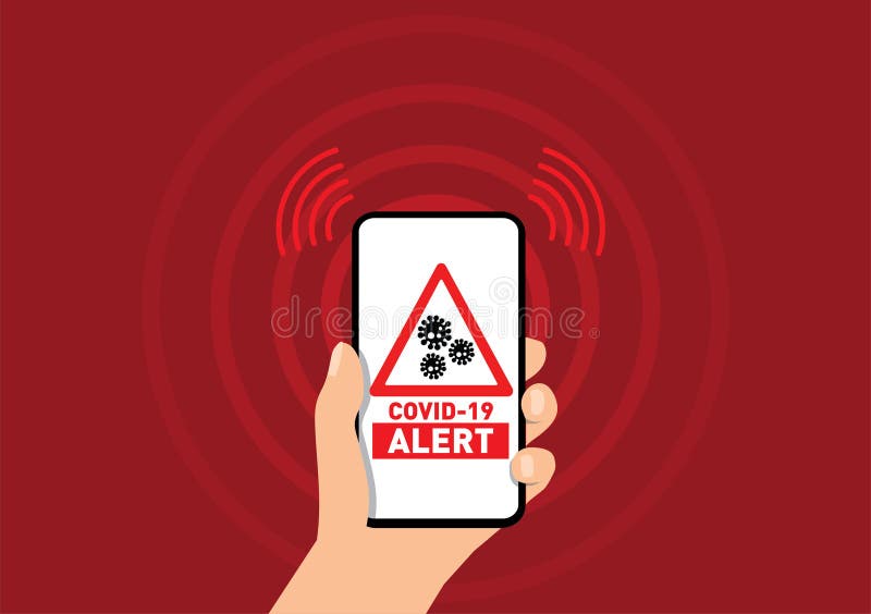 Covid-19 contact tracing app vector. Covid-19 contact tracing app alert warning triangle vector on a red background