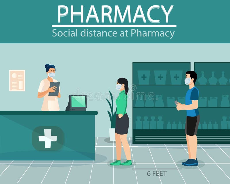 Social distance in New normal Concept, People men women and pharmacist wearing medical face mask live at Pharmacy. royalty free illustration Social distance in New normal Concept, People men women and pharmacist wearing medical face mask live at Pharmacy. royalty free illustration