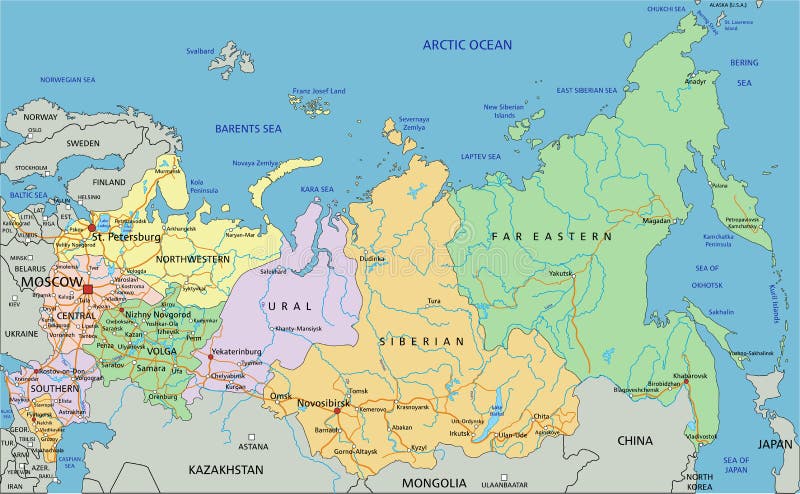Russia Highly Detailed Political Map with National Flag Isolated on