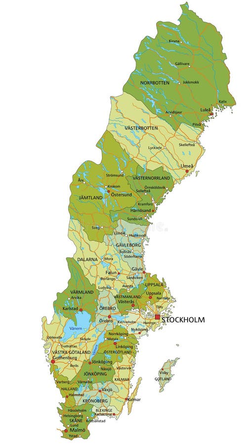 Sweden Highly Detailed Political Map with National Flag Isolated on