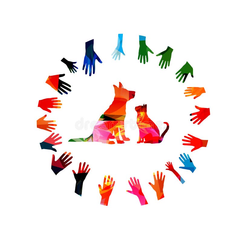 Colorful dog and cat with hands isolated vector illustration. Design for vet clinic, animal shelter, animal rescue, pet shop