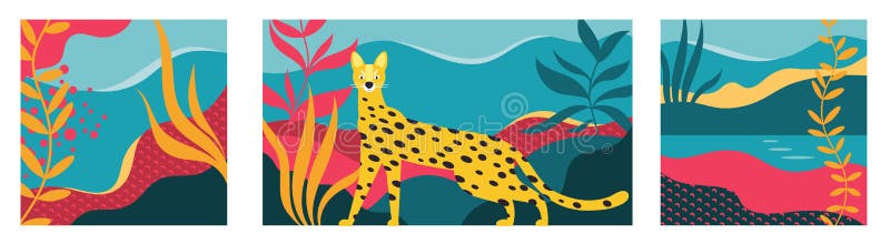 Jungle Leopard vector illustration. Abstract wavy shapes, tropic leaves, abstract landscape