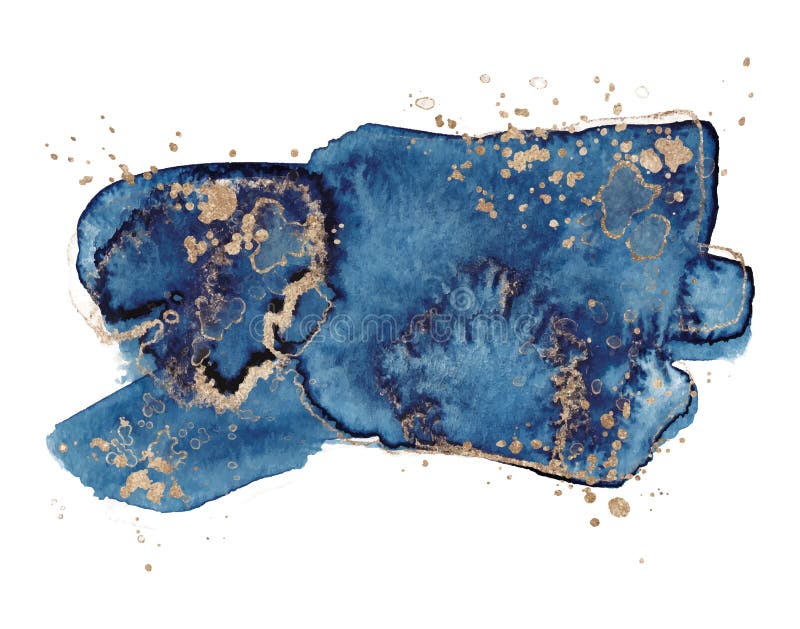 Abstract watercolor blue and gold shapes on white background. Color splashing hand drawn vector