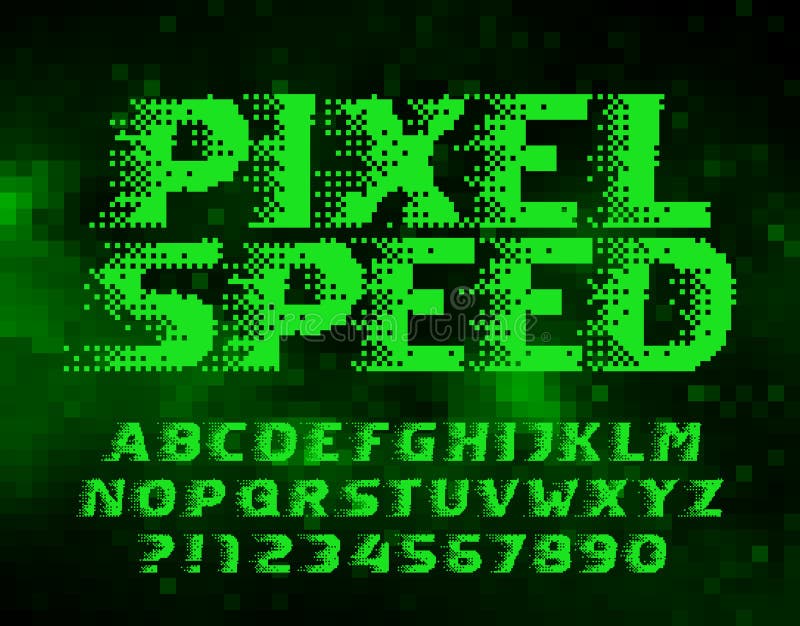 Pixel Speed alphabet font. Wind effect letters and numbers. Abstract pixel background. royalty free illustration
