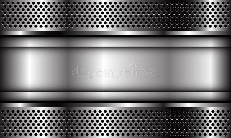 Abstract silver plate banner on metal circle mesh pattern design modern luxury futuristic industrial background vector