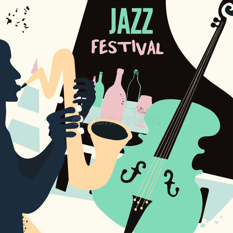 Jazz Music And Wine Colorful Background Flat Vector Illustration. Party