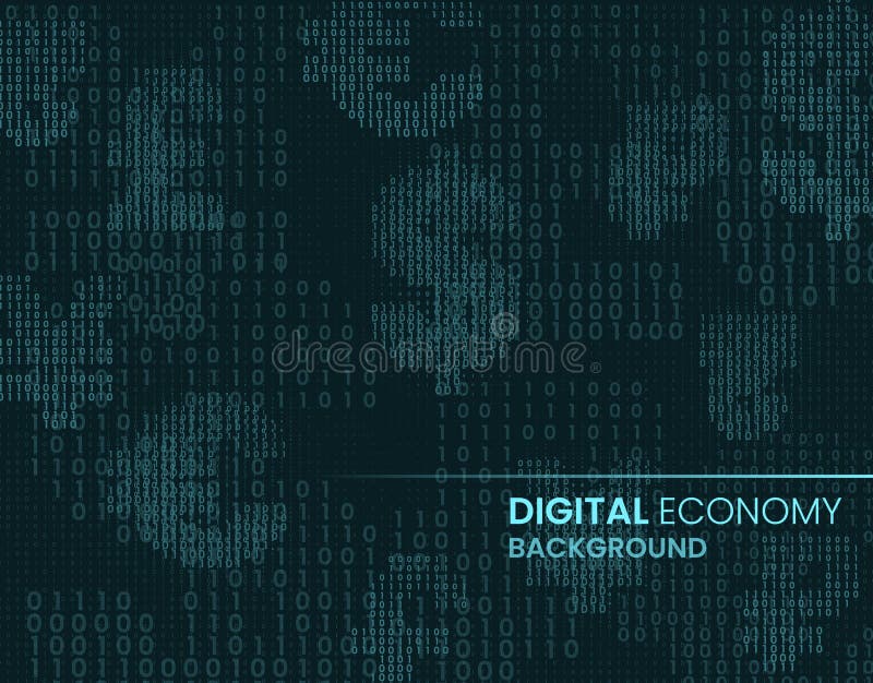 Digital Economy Background. Different currencies symbols made of 1 and 0 on a dark background. vector illustration
