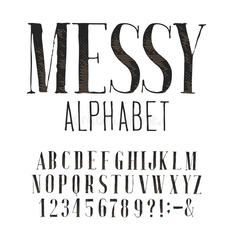 Messy serif alphabet font. Handwritten uppercase letters, numbers and symbols. White background. Stock vector typescript for your design. Handwritten symbols vectors
