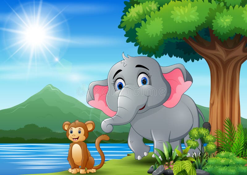 Scene with Elephant and Monkey Having Fun at Nature Stock Vector -  Illustration of lake, ocean: 194439216