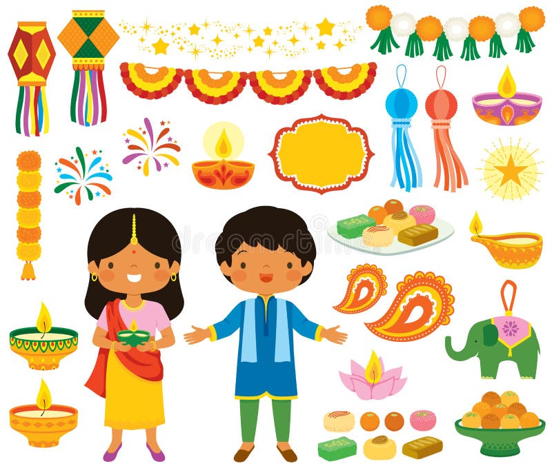 Diwali clipart set. Various symbols of the Indian festival of lights with children, oil lamps, decorations and traditional sweets.