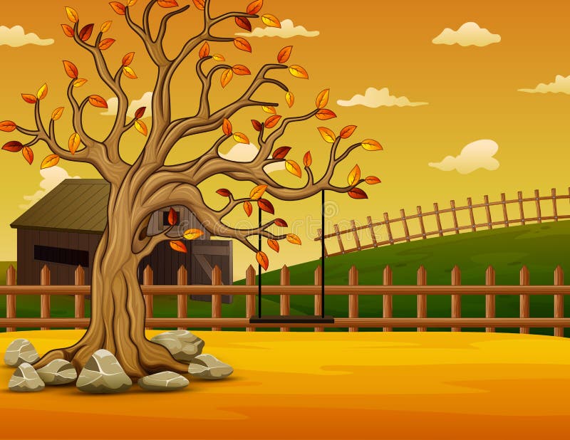 Autumn tree with swing at the farm background