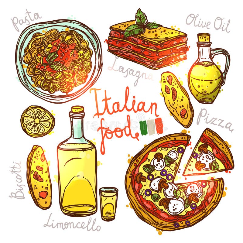 Italian Sketch Hand Drawn Food Stock Vector - Illustration of delicious ...