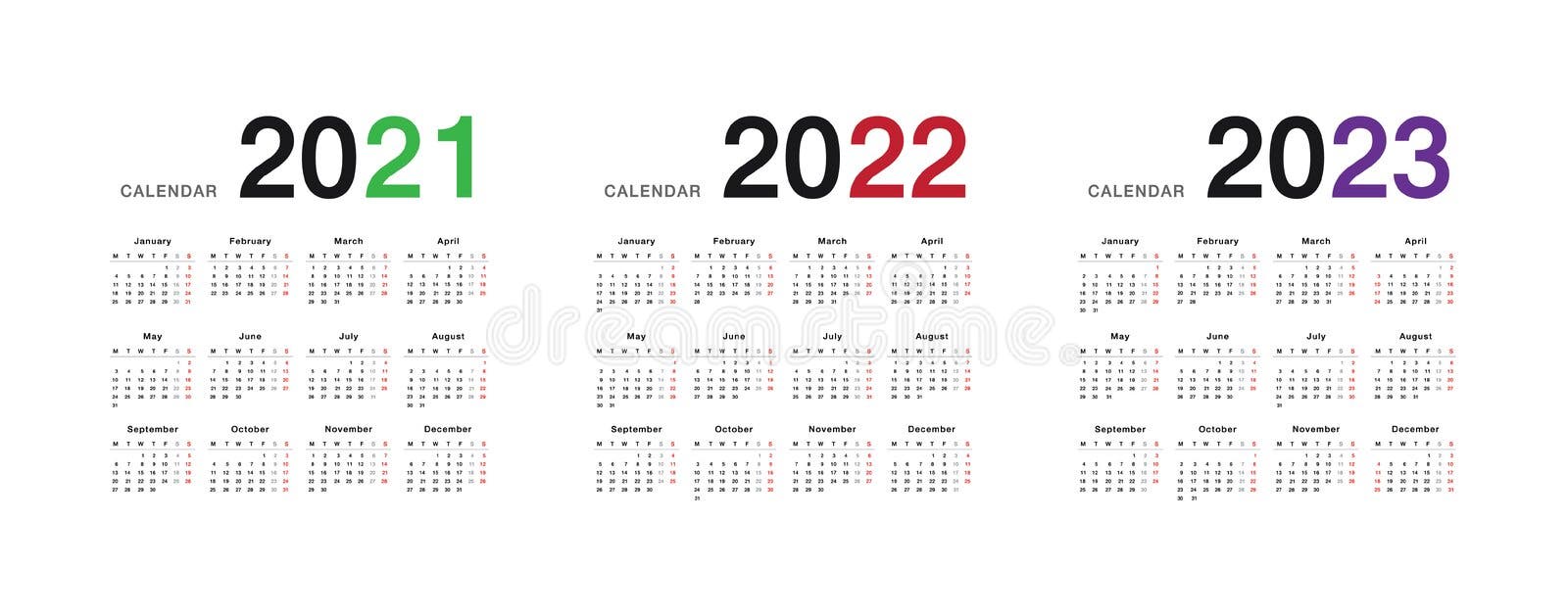 Year 2021 and Year 2022 and Year 2023 calendar vector design template, simple and clean design. Calendar for 2022 and 2023 on Whit royalty free illustration