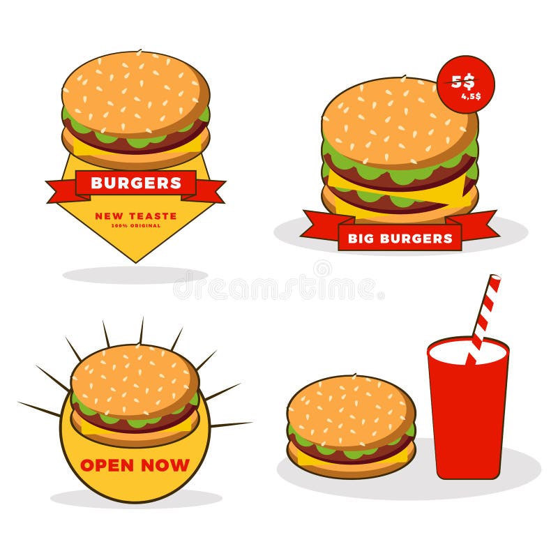 Sada skladajúca sa z hamburger vektor ilustrácie, používa loga, dekorácie, propagačné plagáty,, sociálne médiá, obal a ostatné.