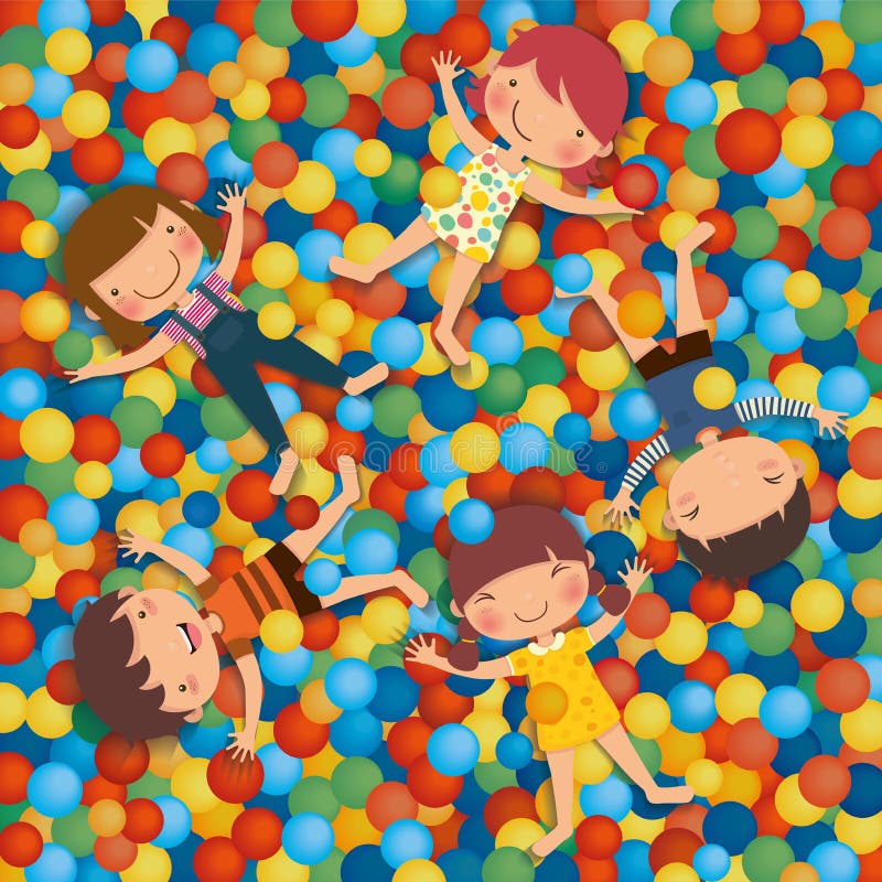 Kids Playing in a Ball Pit, Kids on a Playground, Vector, Illustration