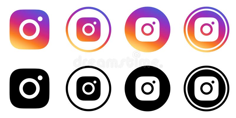 Instagram Logo - Vector - Set Collection - Black Silhouette Shape and Original Gradient - Isolated. Instagram Latest Icon for Web Page, Mobile App or Print. Transparent Template.