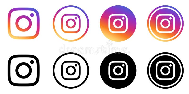 Instagram Logo - Vector - Set Collection - Black Silhouette Shape and Original Gradient - Isolated. Instagram Latest Icon for Web Page, Mobile App or Print. Transparent Template.