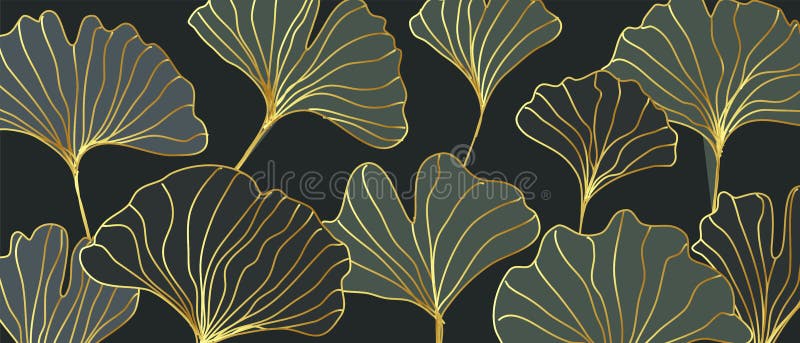 Luxury Golden Ginkgo Line Arts Wallpaper Design. Stock Vector