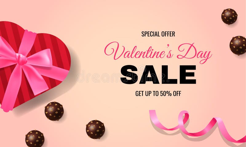 Valentine`s day banner promo design for website. Flat lay heart shape box and truffle chocolate.