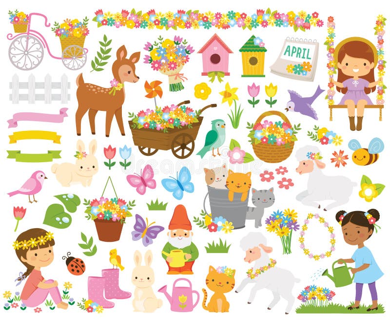 Spring Clipart Set with Cute Girls and Animals Stock Vector - Illustration  of background, children: 205956580