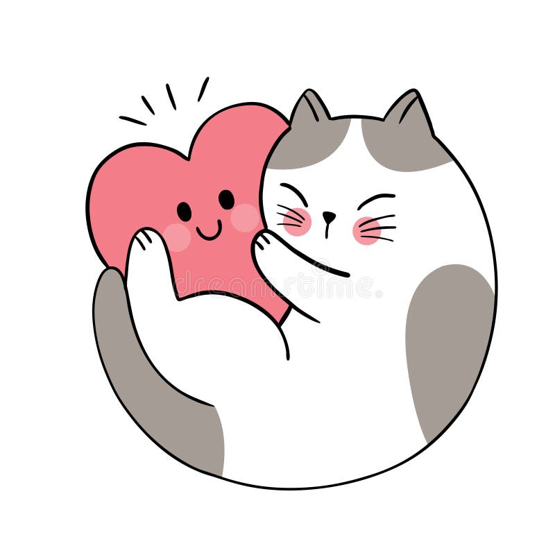 Hand Draw Cartoon Cute Valentine Day, Cat Hugging Big Heart Vector. Stock  Illustration - Illustration of vector, cute: 206284399
