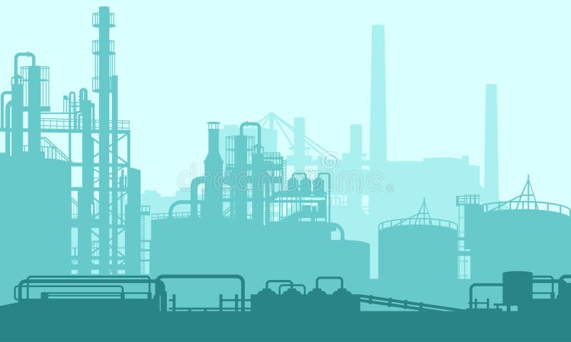 Vector illustration of a chemical processing plant with pipelines and chimneys. stock illustration