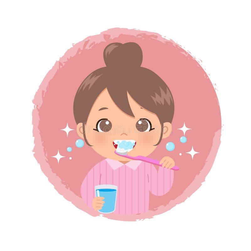 Cute girl brushing her teeth with tooth brush while holding a glass of water in other hand.
