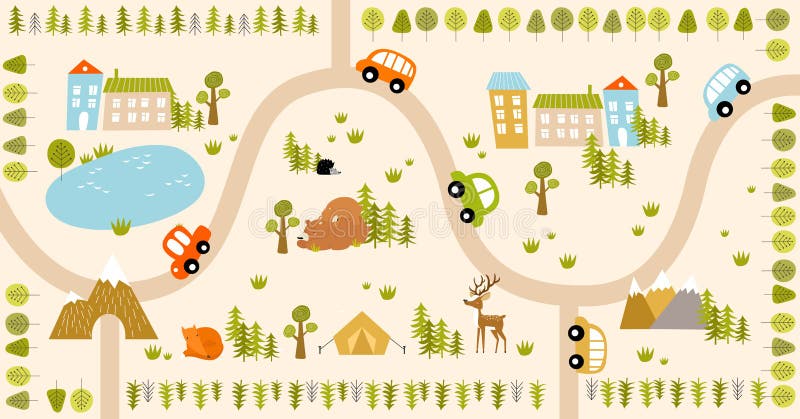 Print. Vector forest maze with animals, road, houses.
