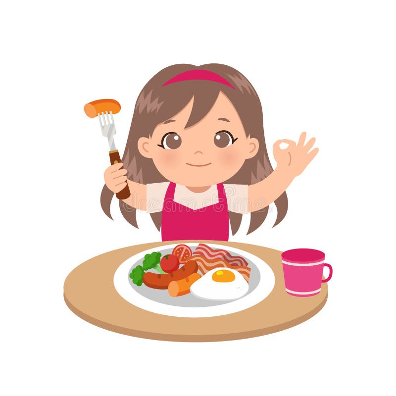 Cute Girl Eating Breakfast with Hand Showing Okay Gesture. Stock Vector