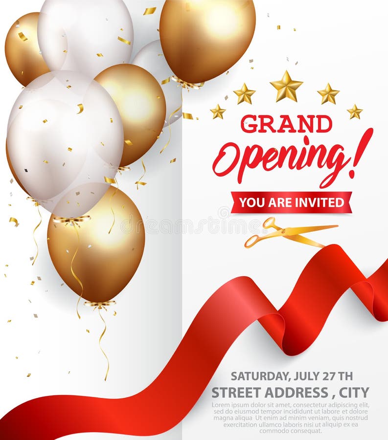 Grand Opening Card Design With Red Ribbon And Gold Confetti Stock