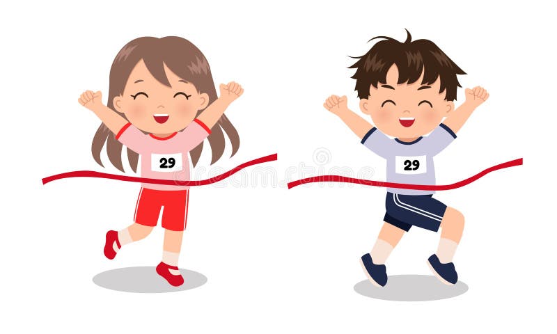 Cute girl and boy winning first place in running race competition.