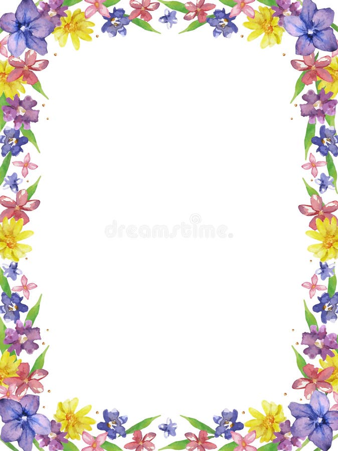 Floral vector frame or border. Watercolor painted flowers and leaves on white background. Natural spring design vector illustration