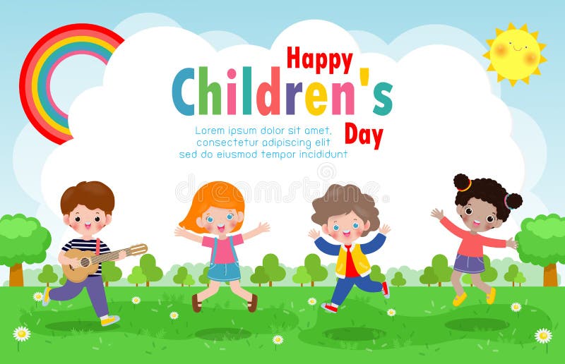 Happy children`s day background poster with happy kids jumping and holding toys isolated vector illustration stock illustration