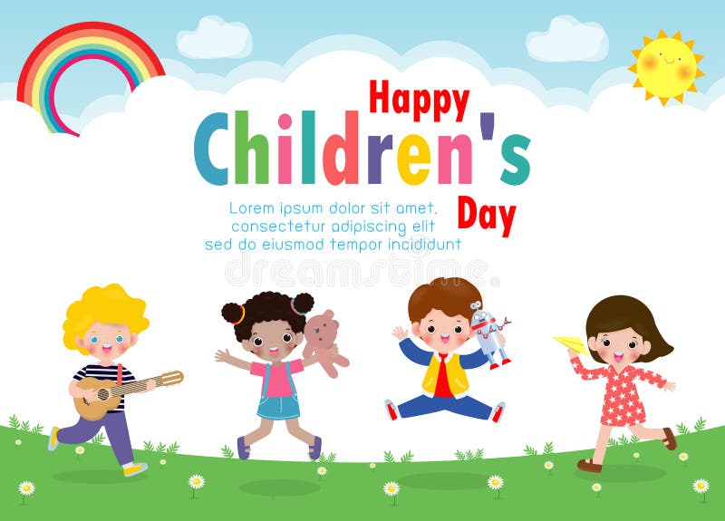 Happy children`s day background poster with happy kids jumping and holding toys isolated vector illustration vector illustration