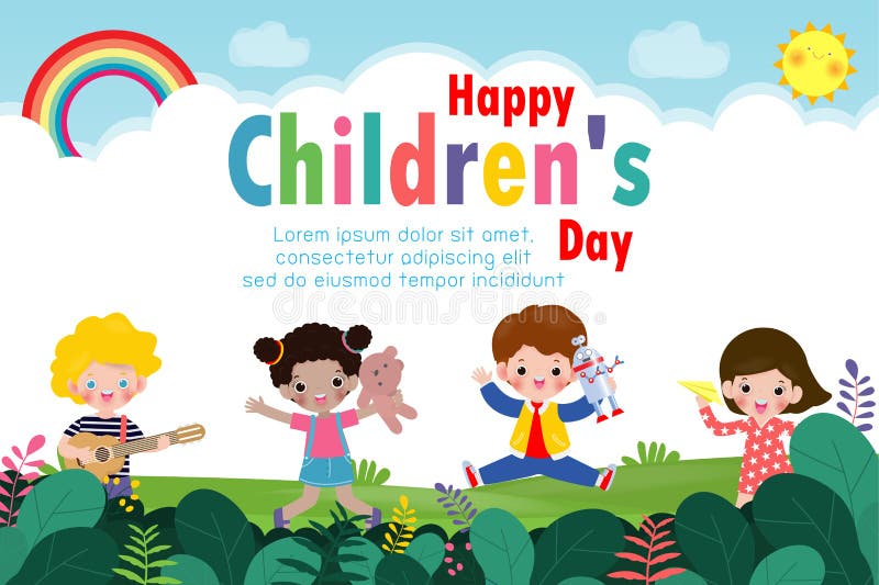 Happy children`s day background poster with happy kids jumping and holding toys isolated vector illustration vector illustration
