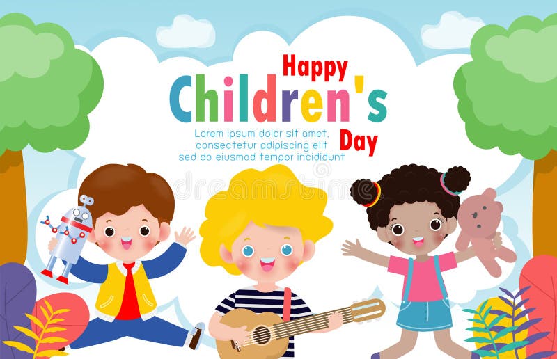 Happy children`s day background poster with happy kids jumping and holding toys isolated vector illustration. stock illustration