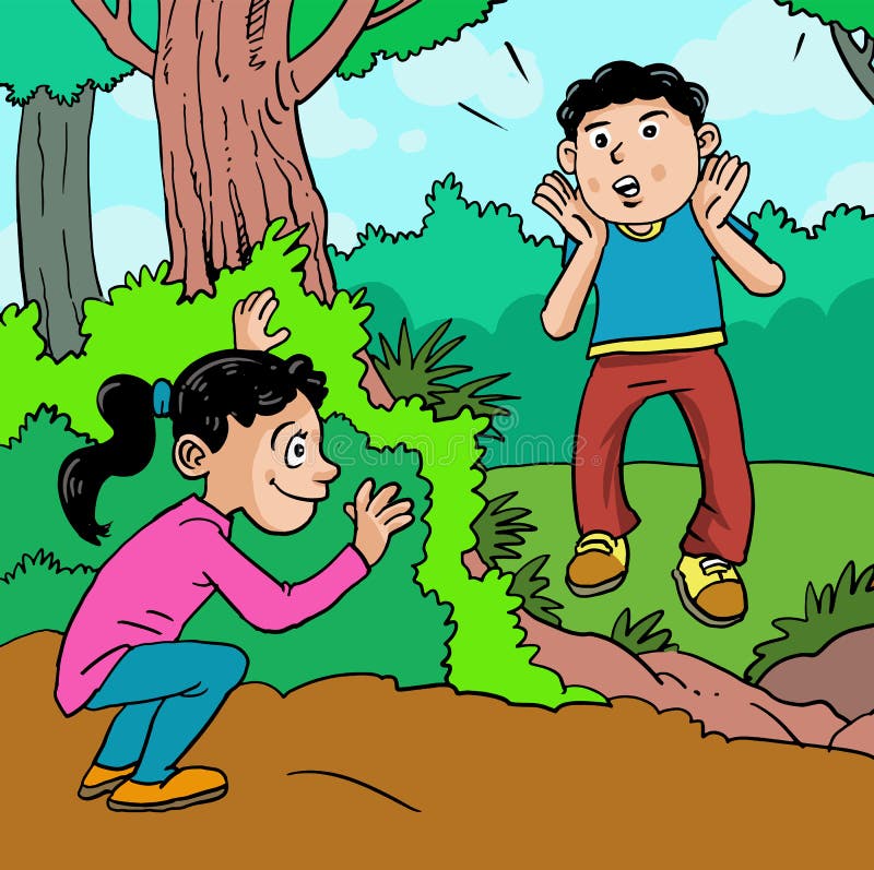 Free Vector  Little kids playing hide and seek in park playing game with  friends outdoor in vacations boy counting boys hiding begind tree girl  running to hide