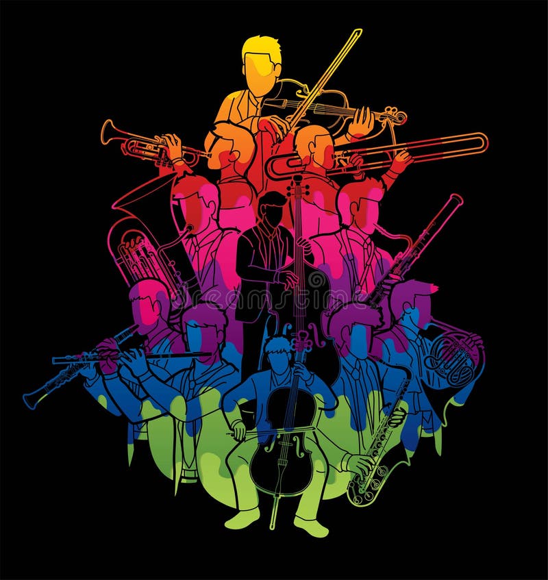 Group of Musician Orchestra Instrument Cartoon Graphic Vector Stock