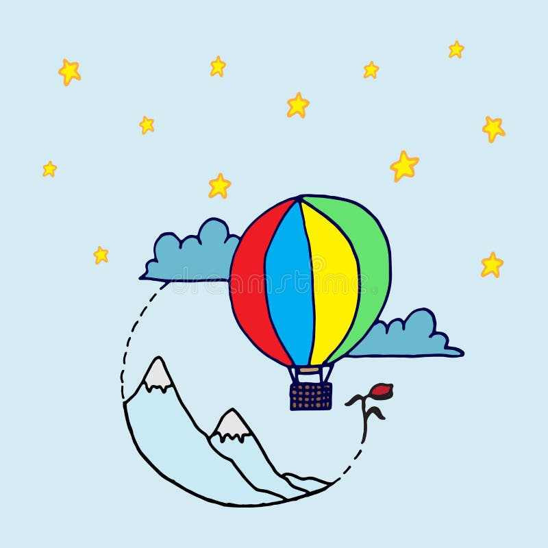 Doodle Artistic Icon. Mountain with Hot Air Balloon and Stars on Blue ...