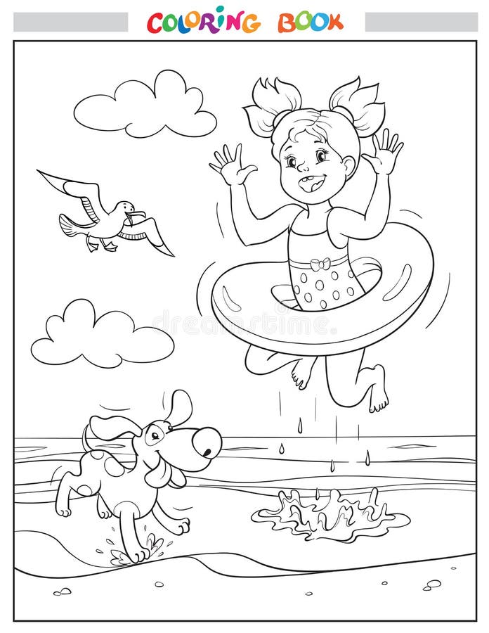 Black and white coloring book or illustration. Joyful girl and dog are jumping into the sea on the beach, a seagull in the sky