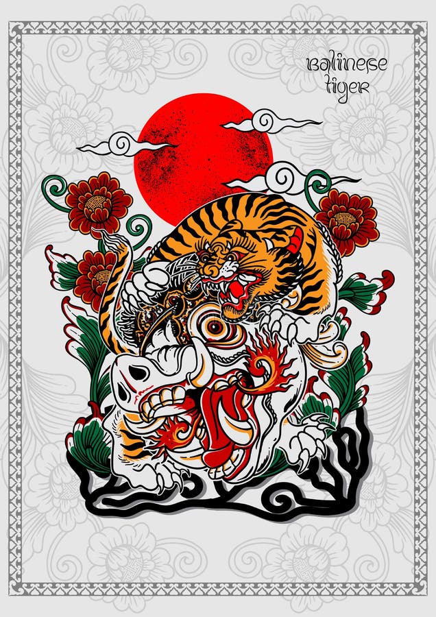 Balinese Tiger Head Traditional Tattoo Poster and T-shirt Design Stock ...