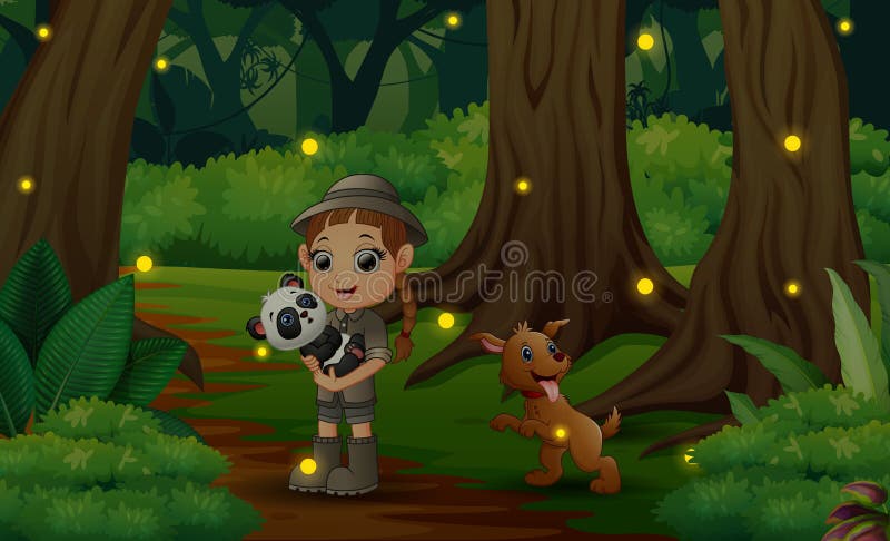 Cartoon a zookeeper girl animals in the dark forest royalty free illustration
