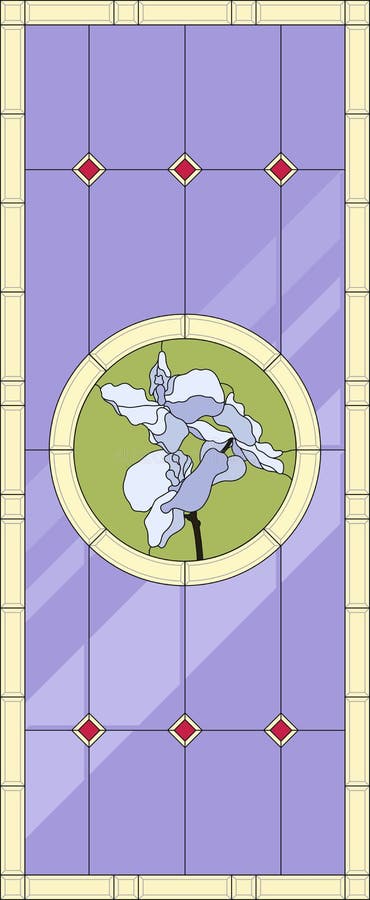 Stained-glass panel in a rectangular frame. Classic window, with orchid, abstract floral arrangement of buds and leaves. Vector vector illustration