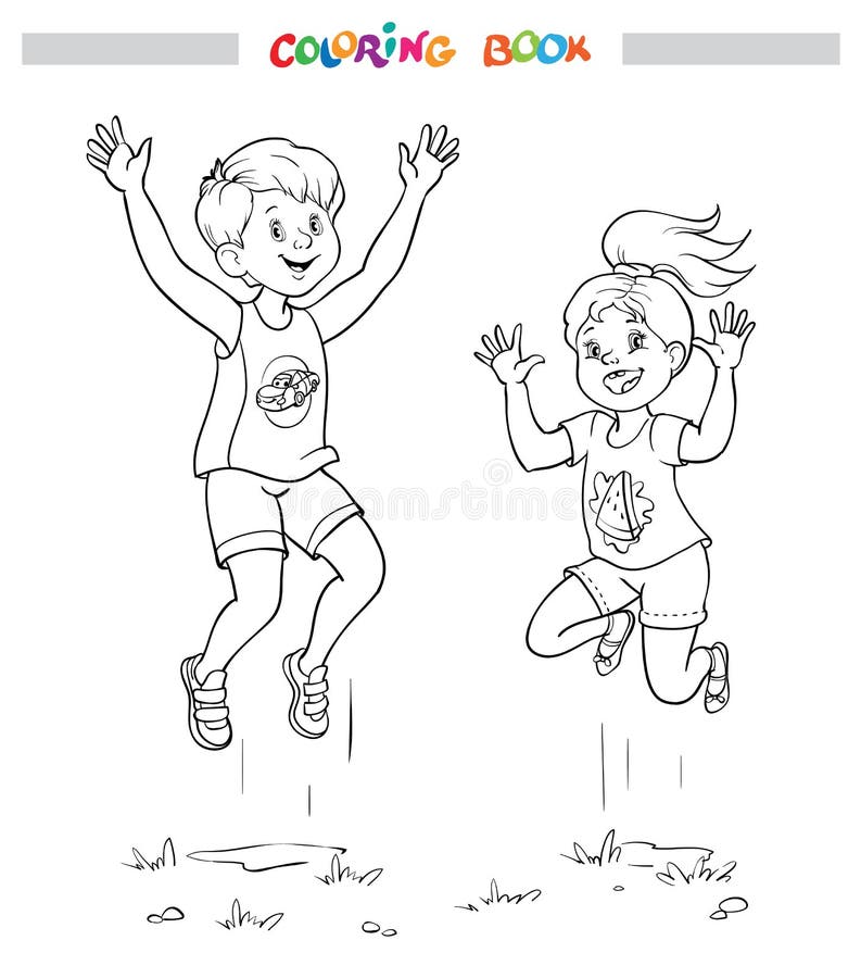 Black and white coloring book or illustration. Joyful girl and boy are jumping.