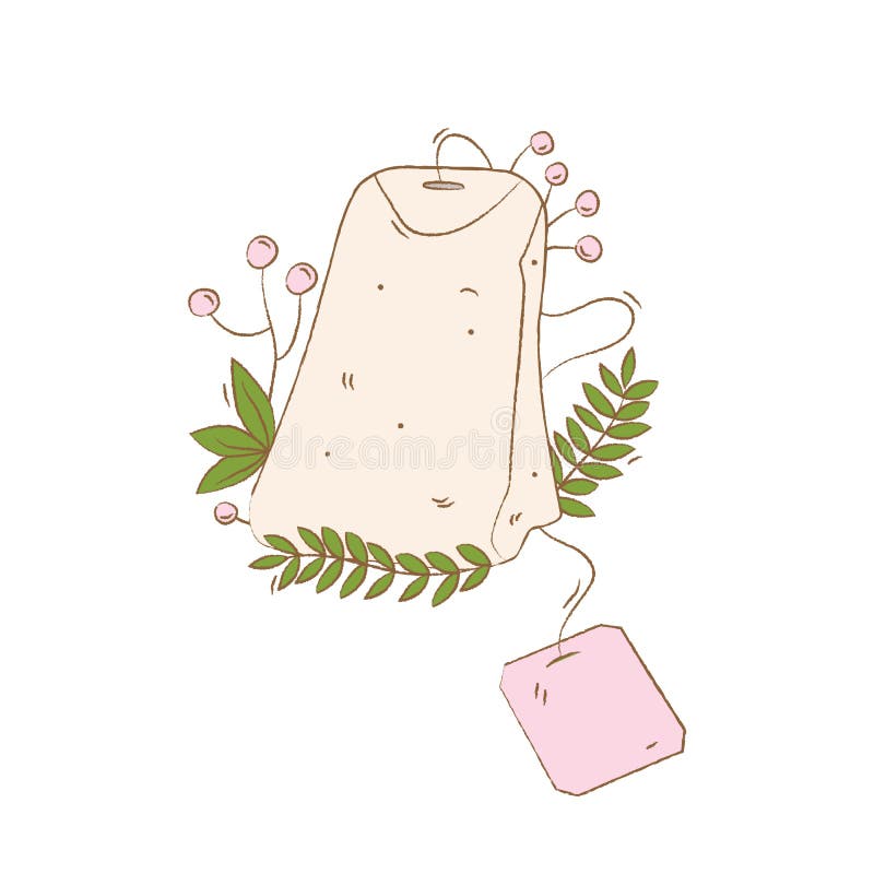 Hand Drawn Cute Tea Bag with Leaves Stock Vector Illustration of